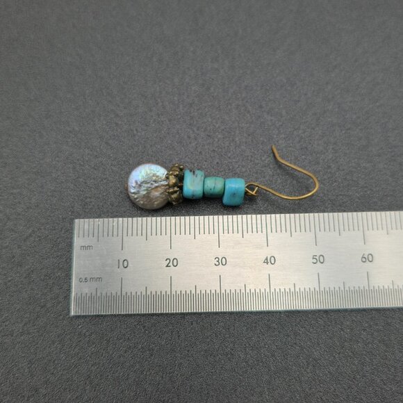 Copper Genuine Pearl With Turquoise Stones Dangle Earrings A6093 - Picture 4 of 5